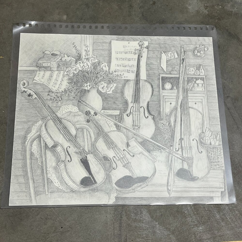 String Instruments Upright Bass Cello Graphite Pencil Paper Drawing Still Life